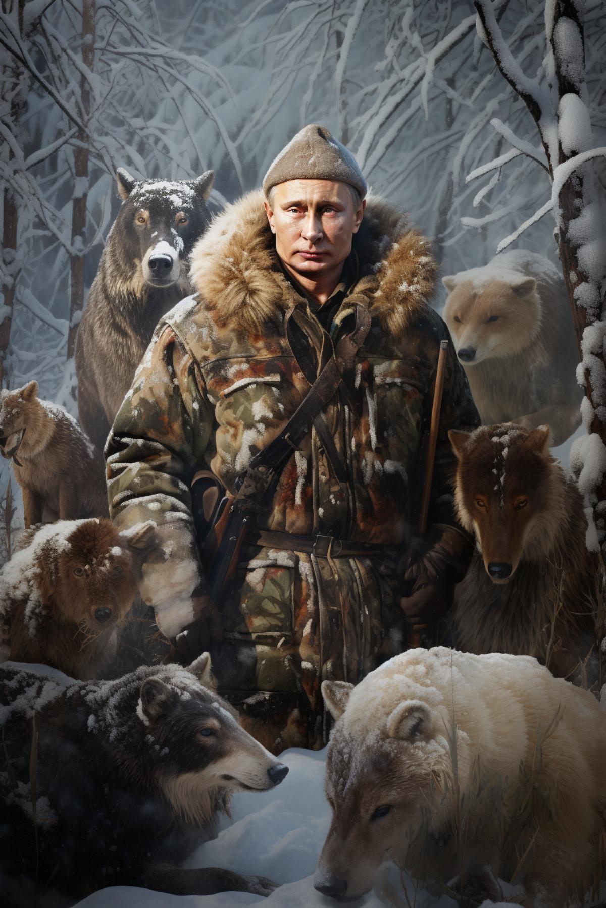 Putin hunting surrounded by wild animals in winter forest