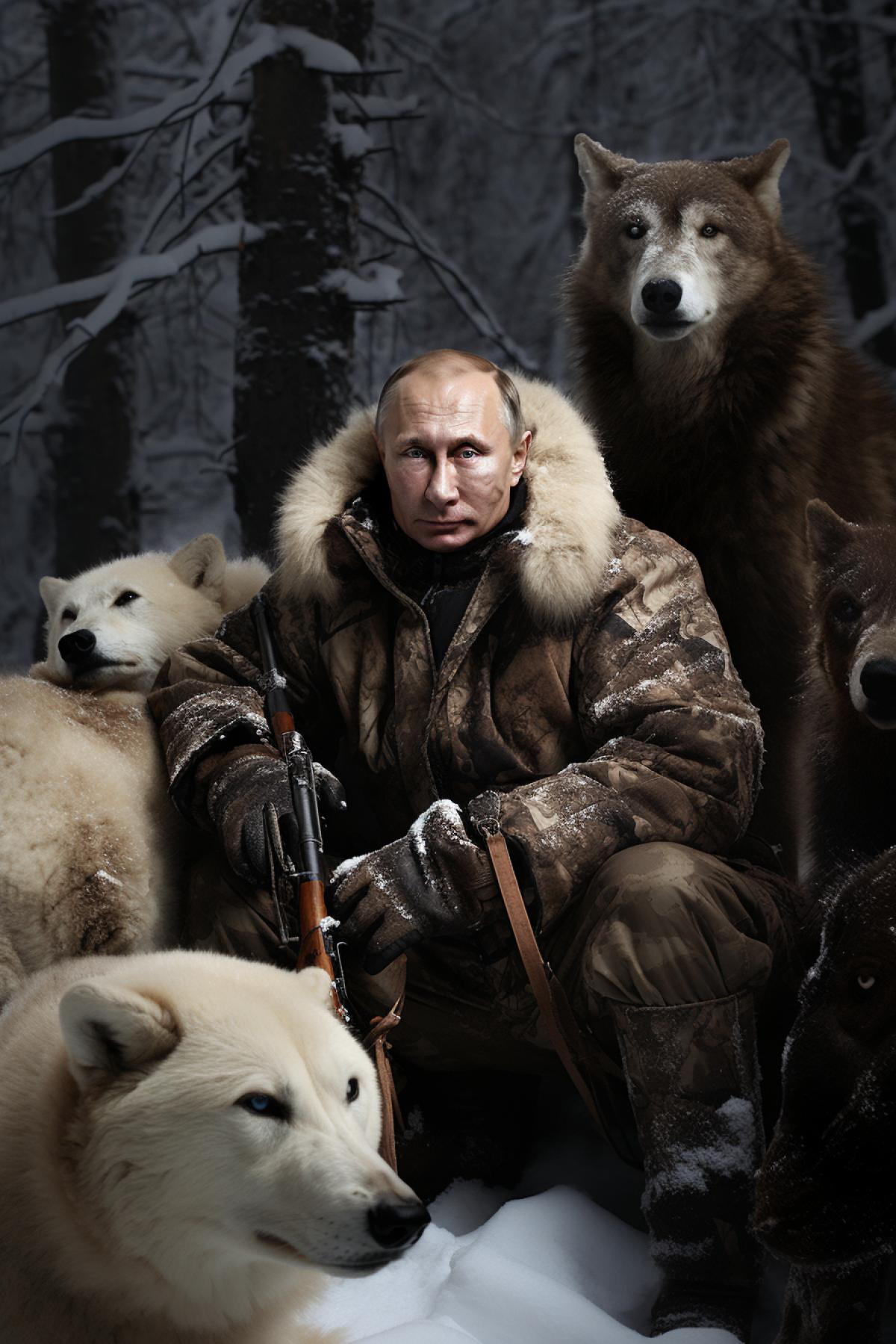 Brave tough Vladimir Putin hunting surrounded by wild animals in winter forest