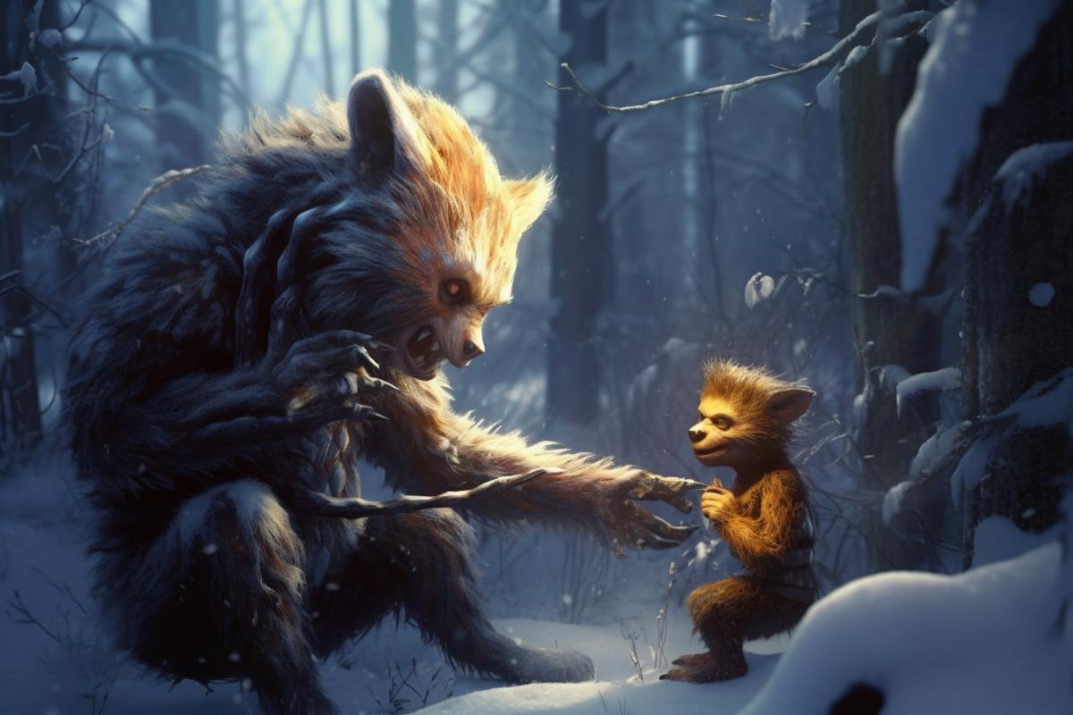 The goblin spirit of the forest plays with a wolverine cub in the forest on a sunny winter meadow