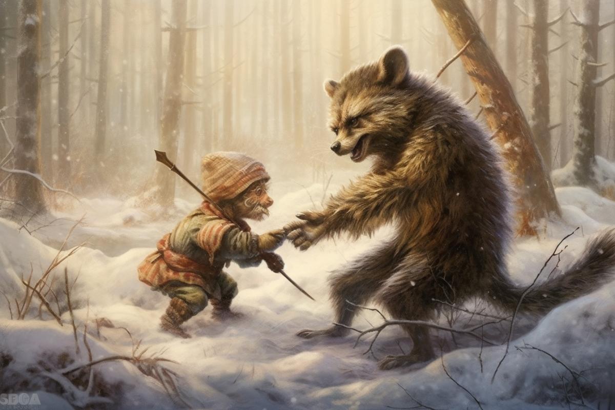 The goblin spirit of the forest plays with a wolverine cub in the forest on a sunny winter meadow