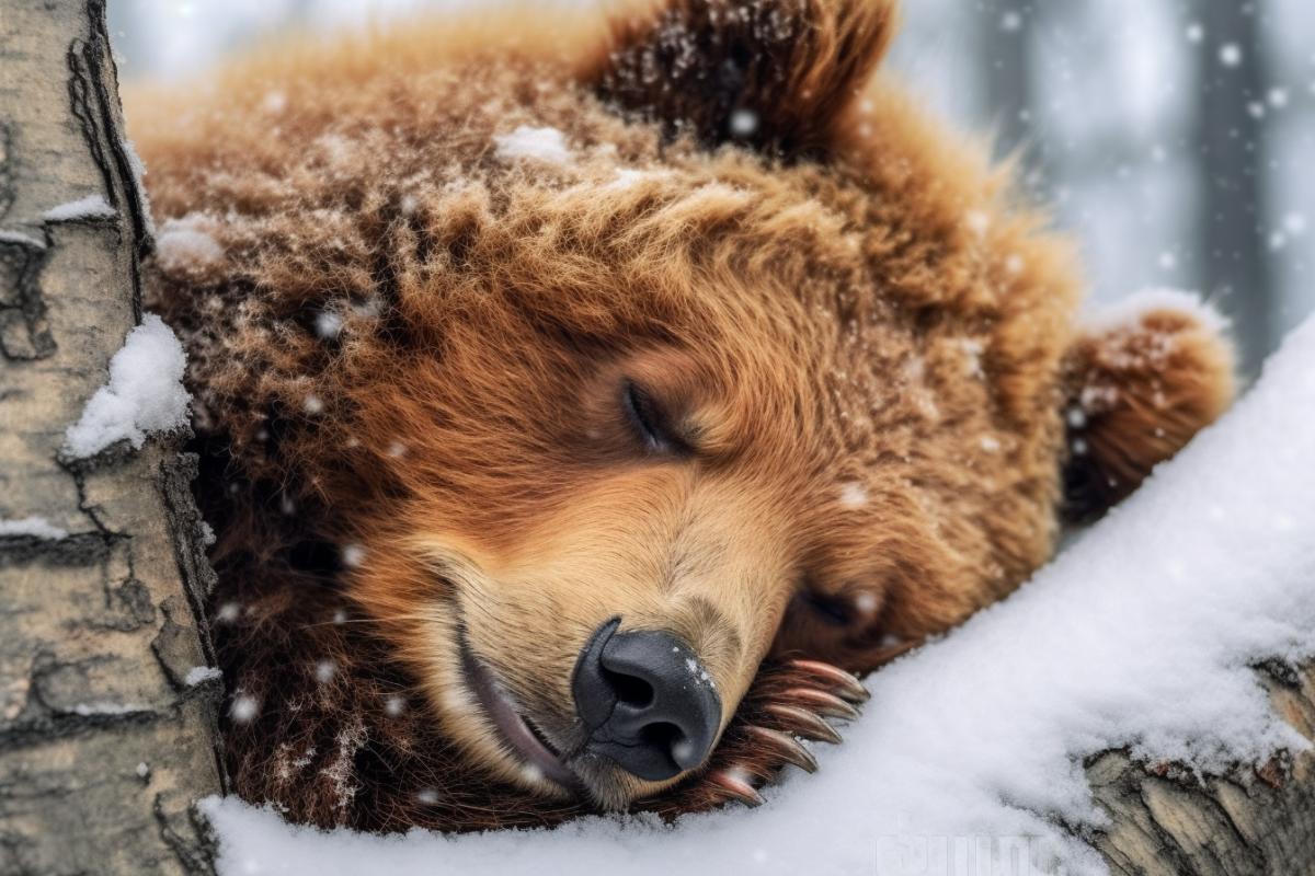 Little bear sleeps sweetly on a tree in winter snow close-up