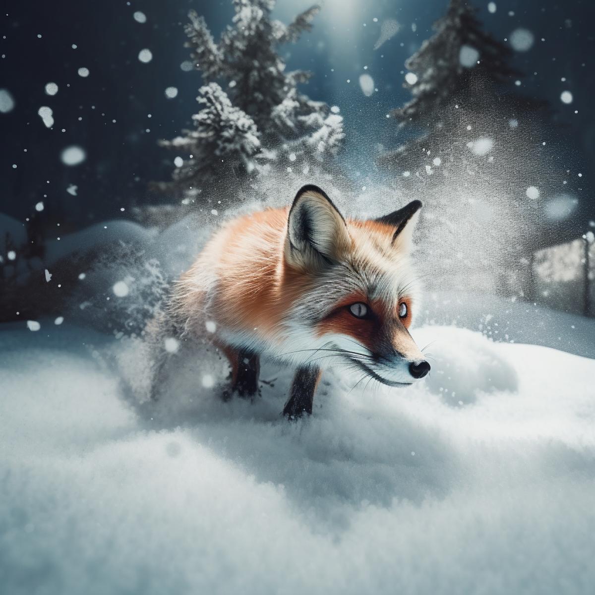 Winter, forest, sparkling snow, a fox diving with its nose into deep snow to catch a mouse, parabolic dive down, cinematic, dramatic, hyperdetailed, photorealistic, professional photo