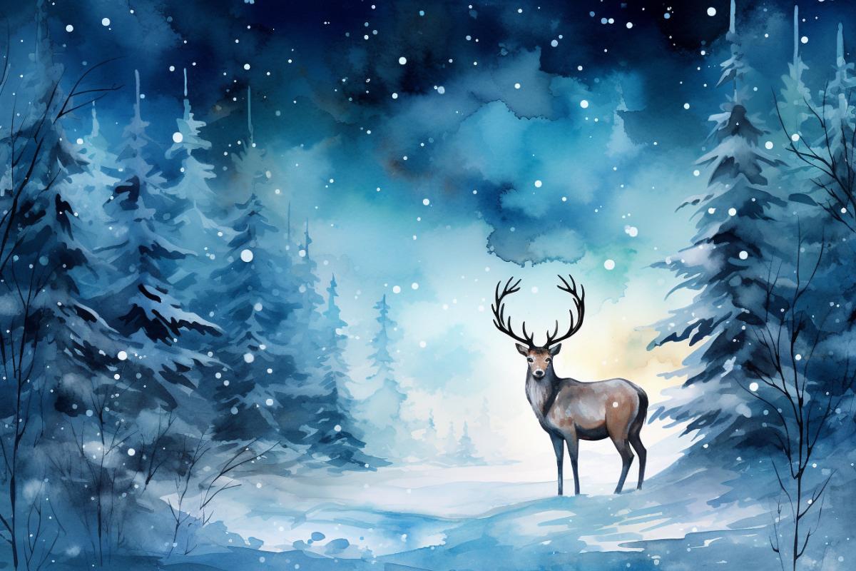 Portray a deer in Nordic watercolor during night, polar lights, turquoise brown and white colors, serene essence and ethereal beauty of the landscape, blending natural elements with a tranquil, dreamlike atmosphere