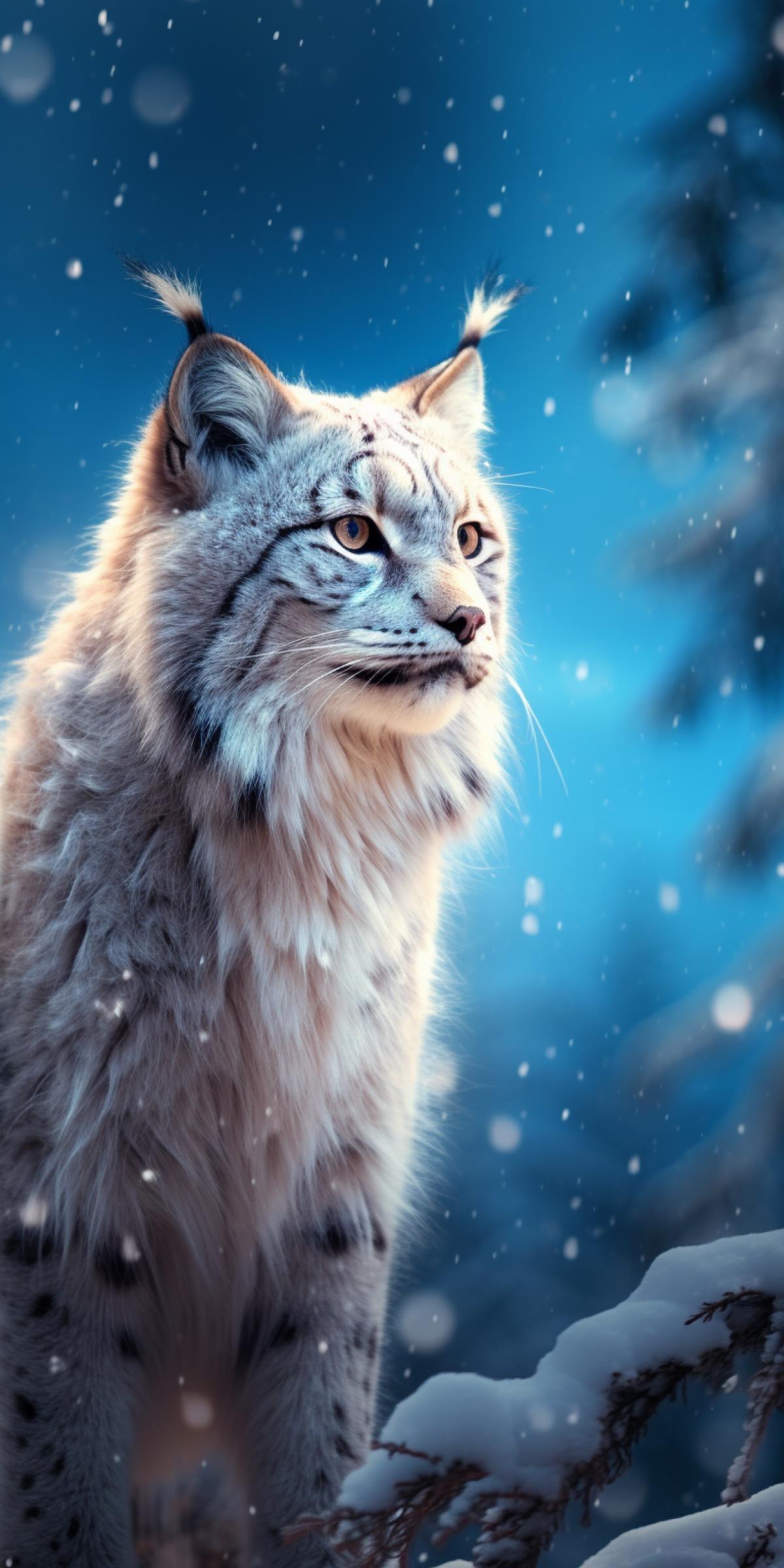 Fluffy lynx sneaking through the winter forest, polar lights, beautiful sky, starry night, wide angle, turquoise brown and white colors, serene essence and ethereal beauty of the landscape, blending natural elements with a tranquil, dreamlike atmosphere, octane render, photorealistic, highly detailed