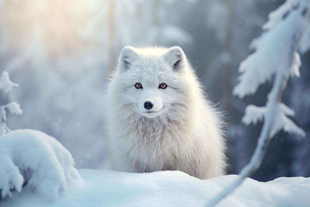 fluffy snow-white arctic fox in the winter forest, serene essence and ethereal beauty of the landscape, blending natural elements with a tranquil, dreamlike atmosphere, octane render, photorealistic, highly detailed