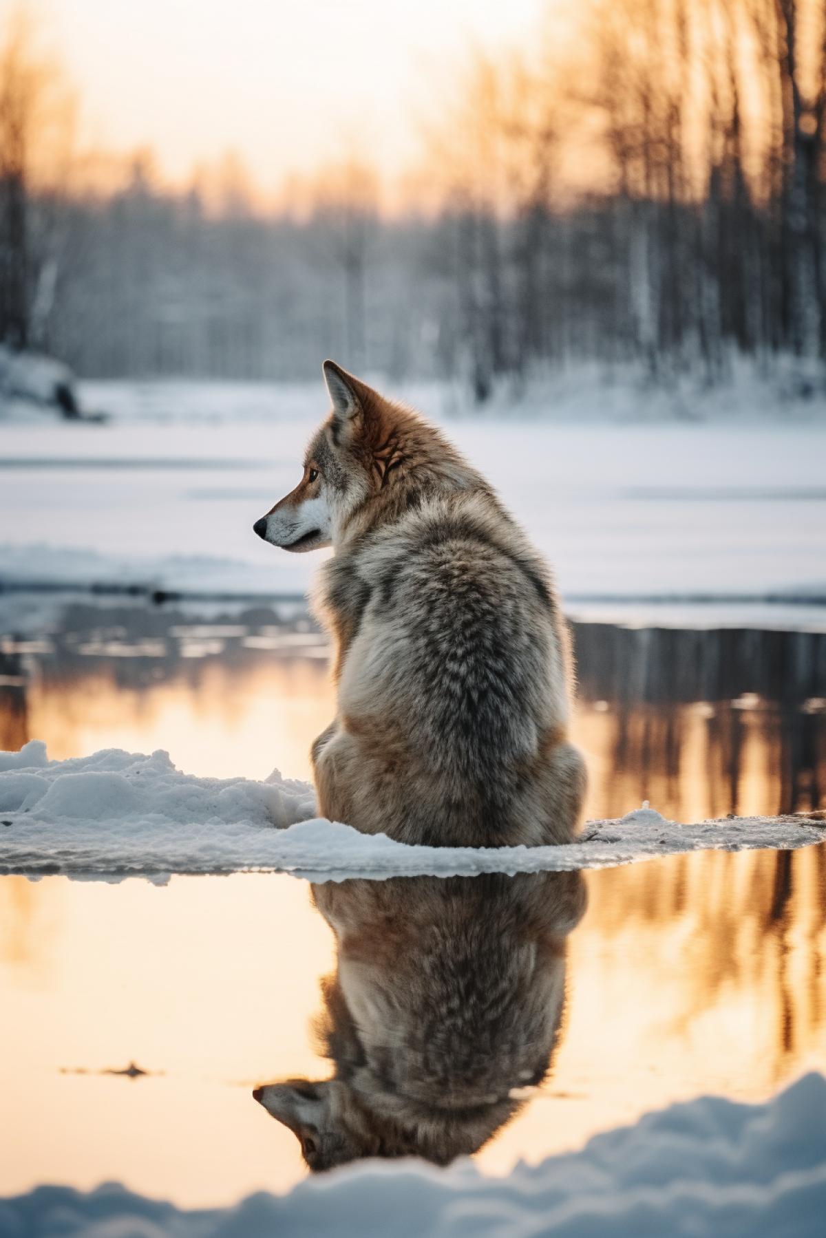 Wolf sitting on ice tail insert in the ice hole forest on horizon winter day