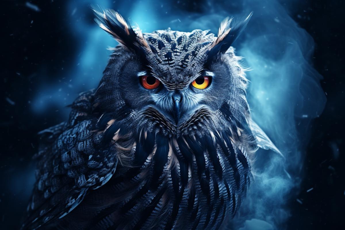 A frozen glowing owl, reflects the beauty and majesty of the Arctic, high contrast, cinematic style, highly detailed, breathtaking, dark background