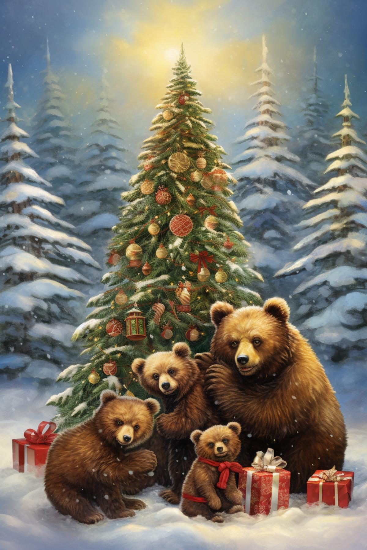 Winter, Christmas tree forest, snow, bears decorate the Christmas tree, high detail, good quality, fairy tale atmosphere