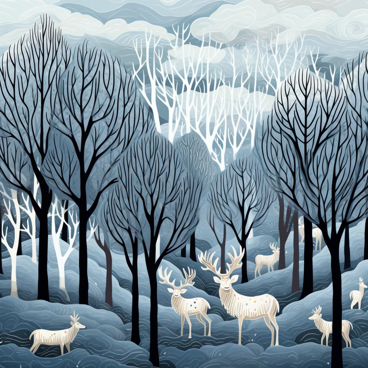Whimsical doodle of snow-topped winter forest, a herd of elk grazing