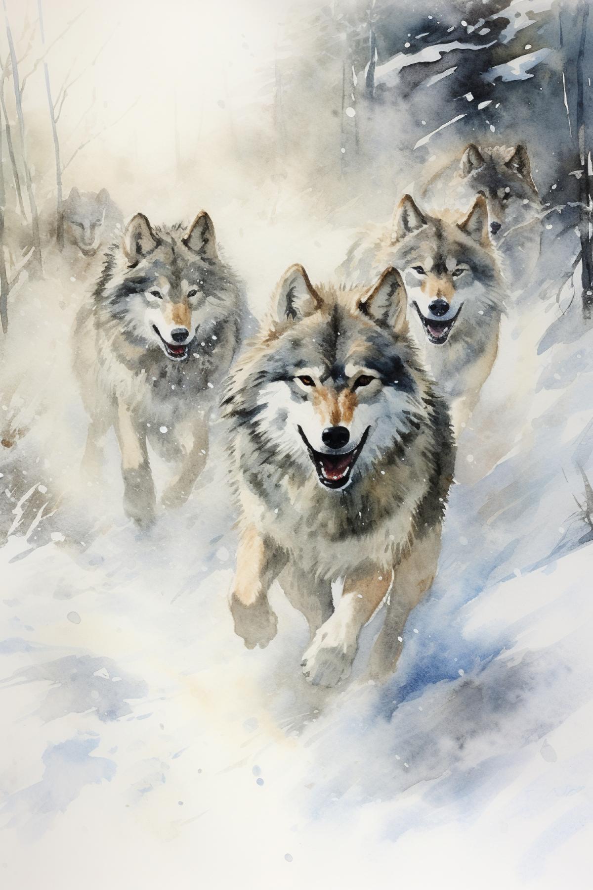 Pack of wolves hunting in winter forest snowstorm rush dynamics hunger excitement aquarelle art use white palette mainly