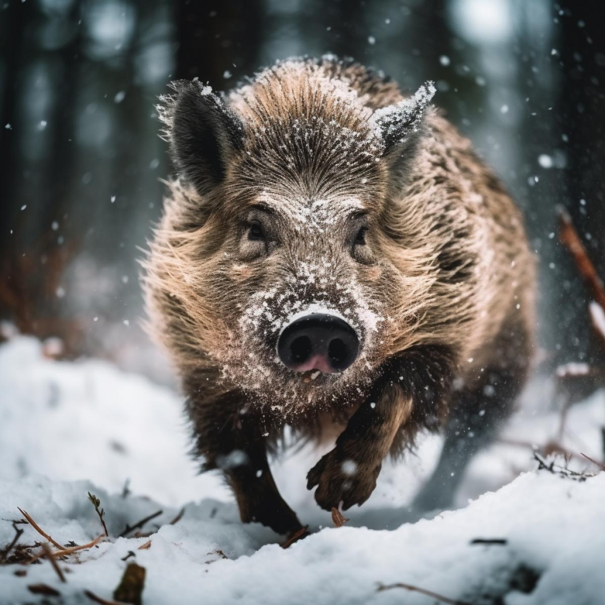 Cinematic shot, A wild boar races through the winter forest, snowfall, Low Angle, rapid movement, intense focus, the landscape vibrant under the bright, Cold color scheme