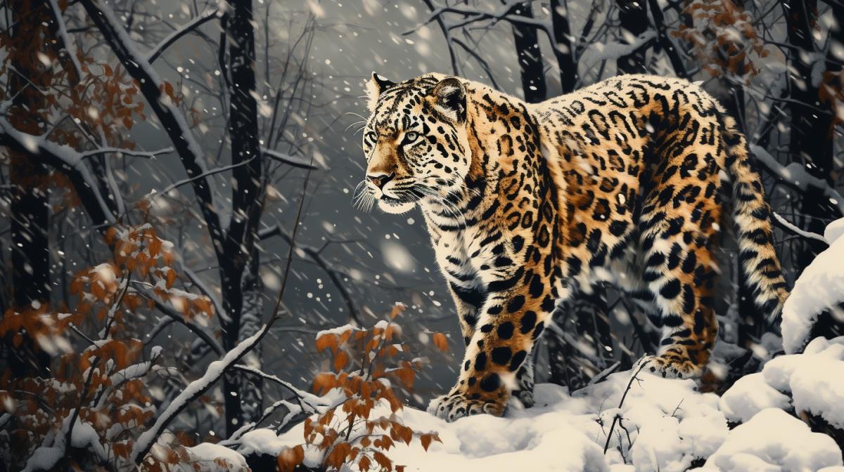 Far Eastern leopard sneaking through the winter forest, descending to the river, snowfall, dusk, in Charcoal style, with White orange and dark smudged lines