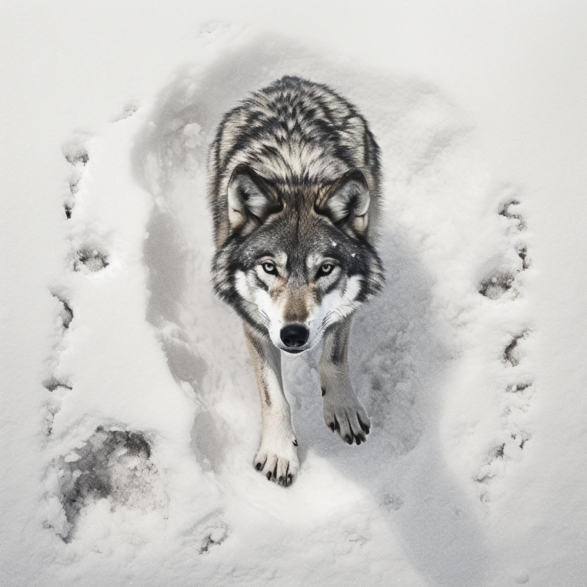 Wolf tracks in the snow, octane rendering, highly detailed, top view