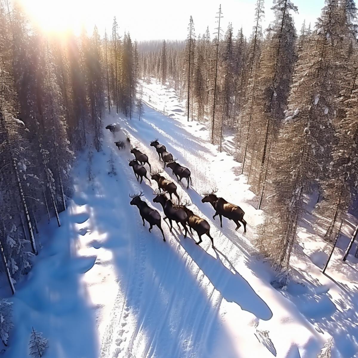 aerial photography , breathtaking, Moose herd running fast Through the winter forest, uhd
