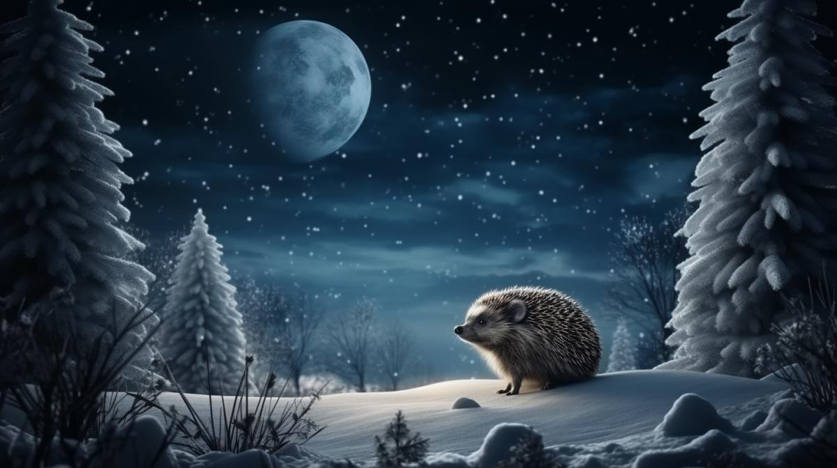 A huge predatory plump hedgehog walks through the winter forest, moon, night