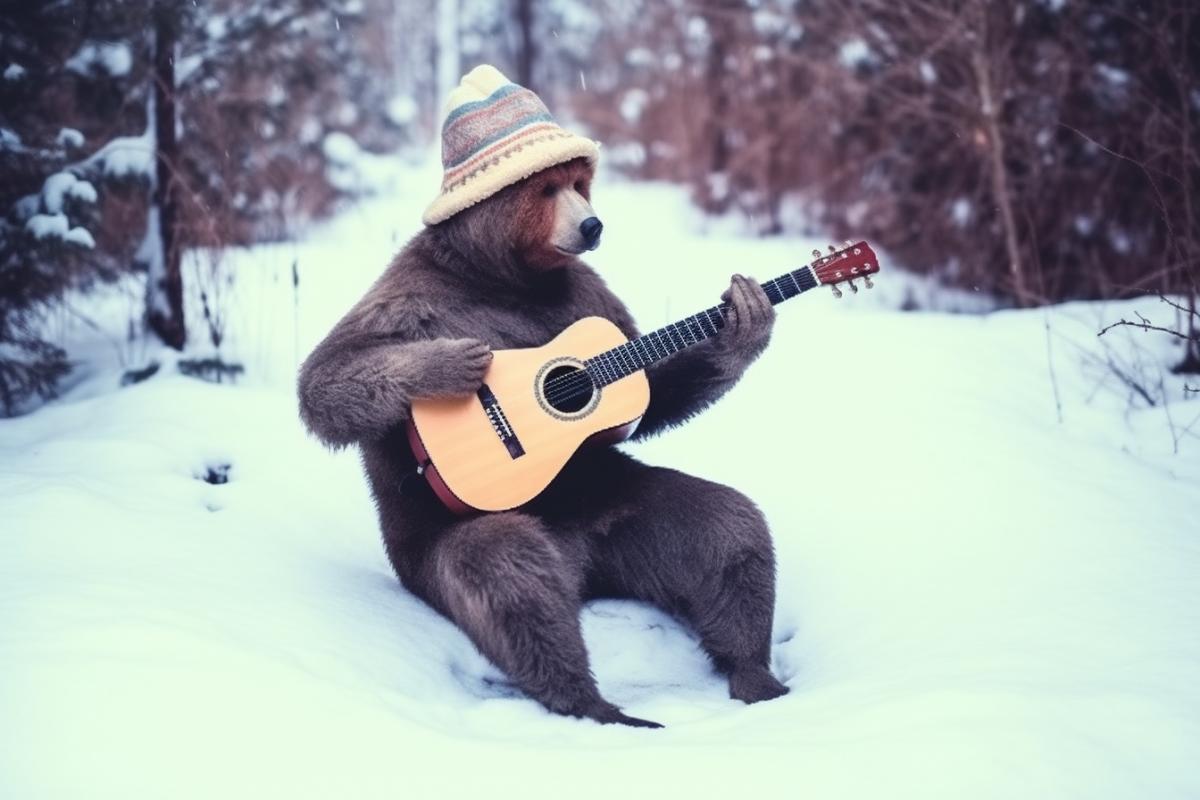Russian bear in a winter hat with earflaps and felt boots in the winter forest with a triangular guitar balalaika