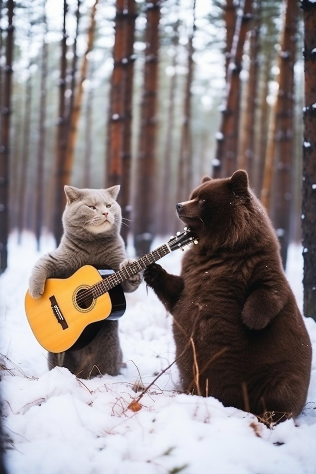 dark fluffy cat singing lullaby and brown bear playing guitars in winter twilight forest photo
