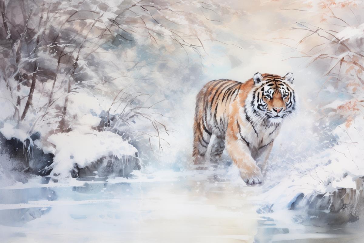 breathtaking landscape, Amur tiger descends from the winter forest to a frozen river, snowfall, traditional Chinese painting