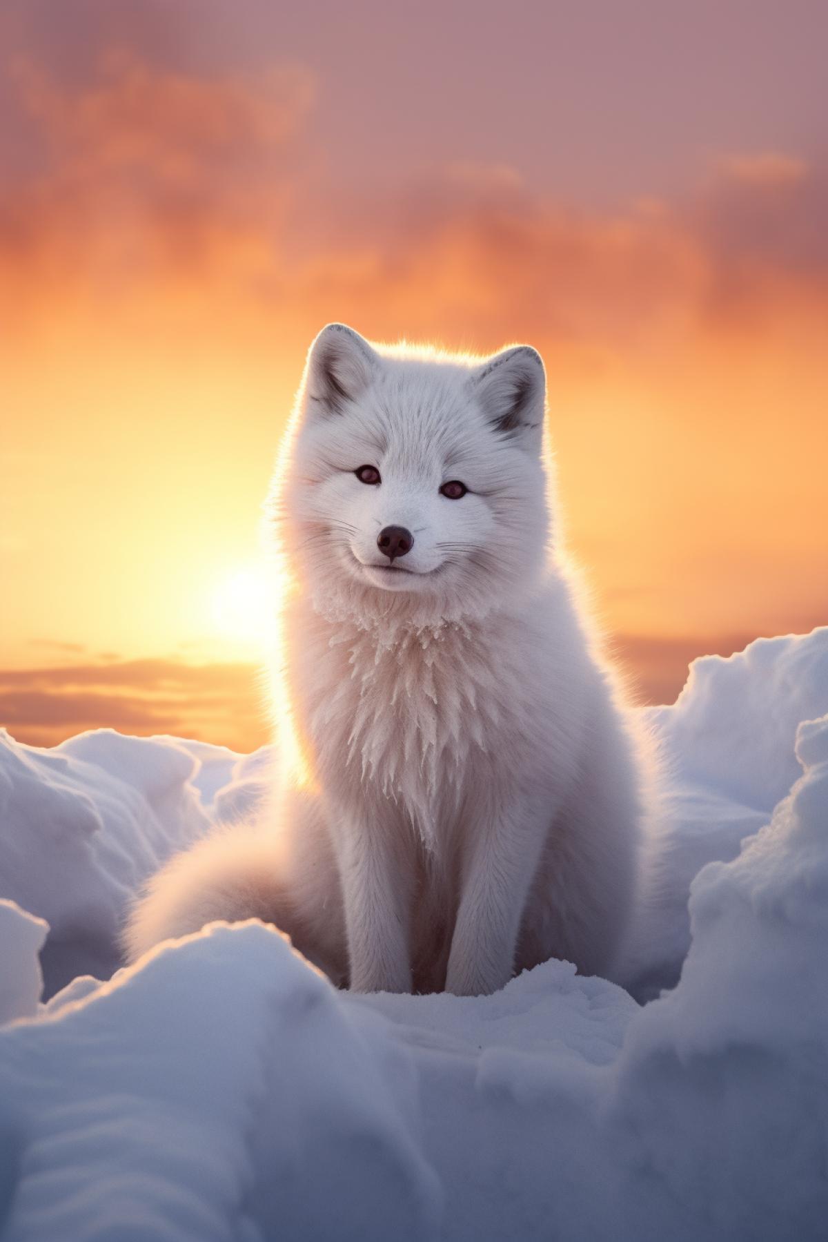 A plump arctic fox. In the rays of the sunset. Frosty apocalypse.