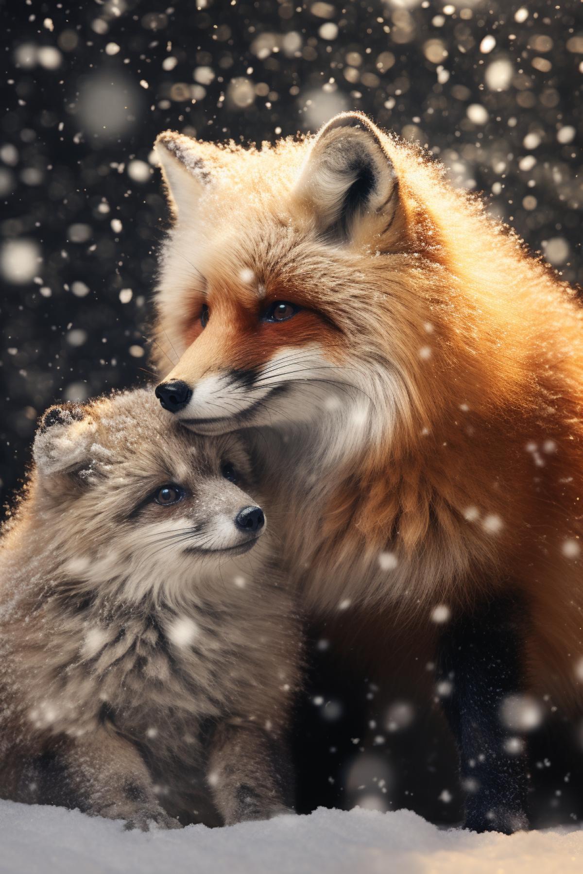 Bear-foxes Fox, winter, snowfall, snow, cute , magic atmosphere , professional highly detailed painting, professional art, 8k, ultra realistic, photo taken by professional photographer