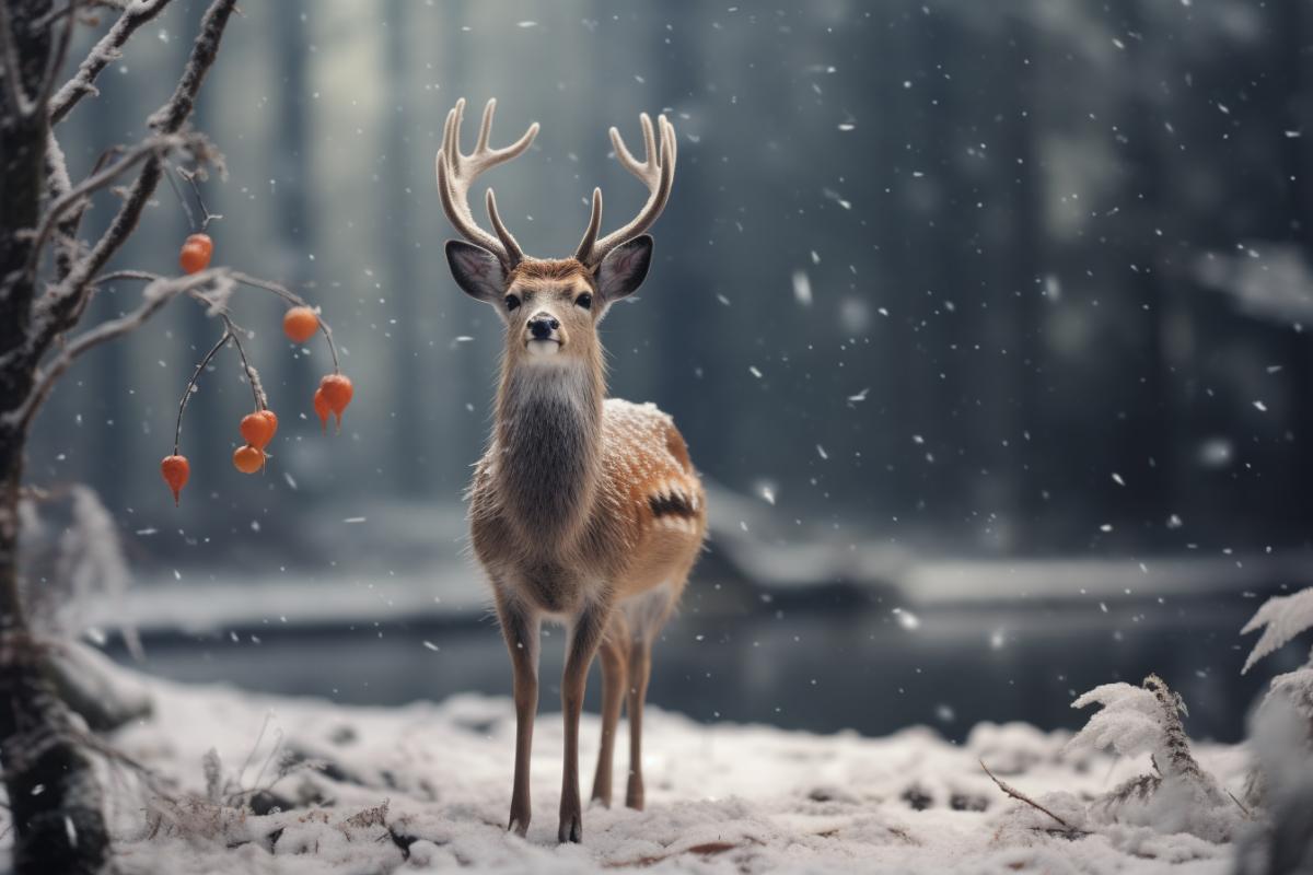 close shot of a deer, bullfinches sitting on the antlers, snowfall, cozy atmosphere, cute, octane render, photorealistic, highly detailed