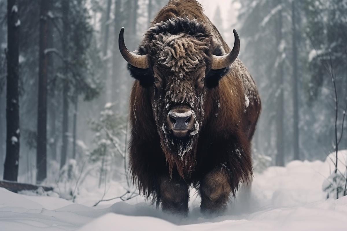 huge Belarusian bison are looking for food in a winter pine forest, snowfall, strong wind, cloudy weather, rich colors, octane render, photorealistic, highly detailed