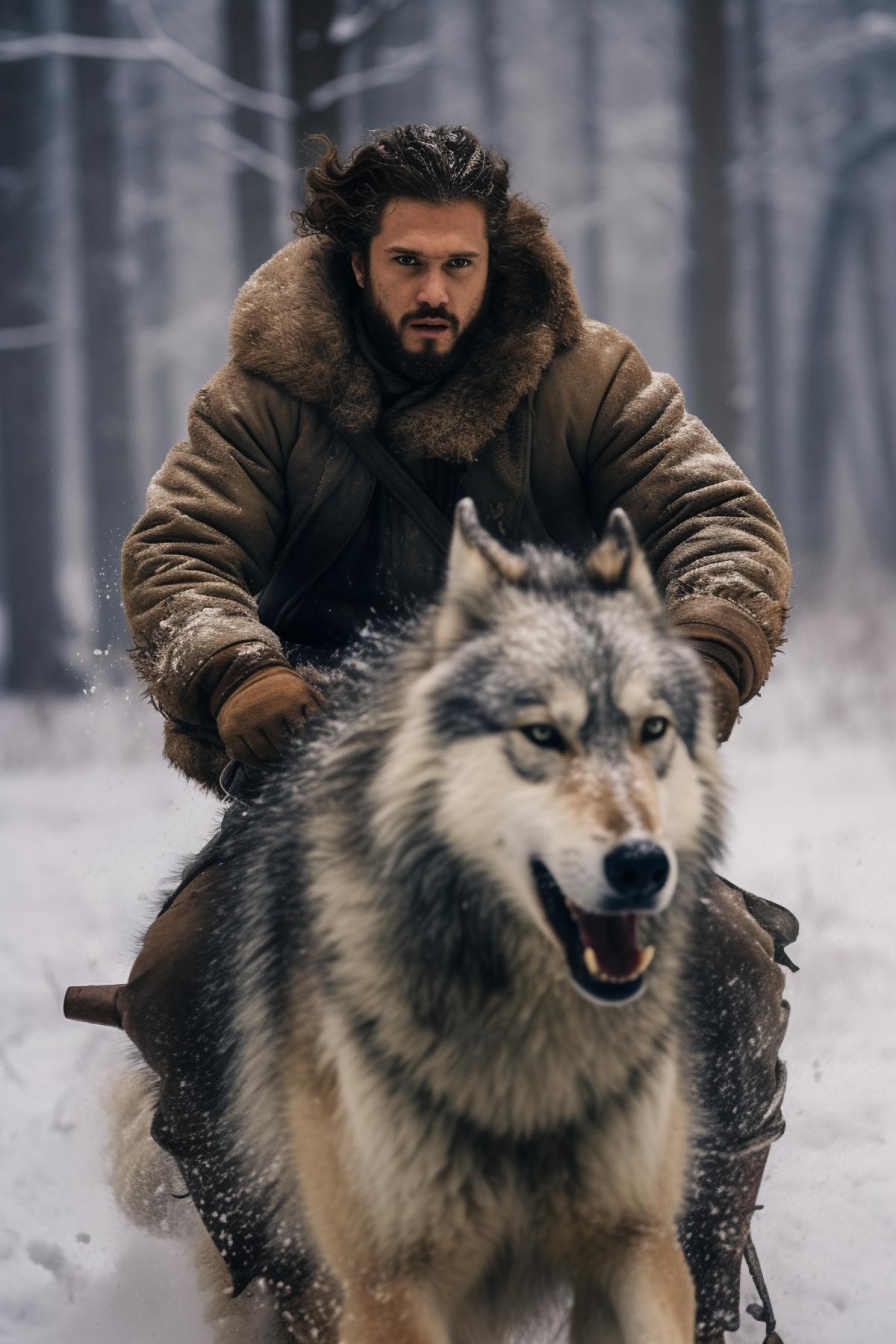 Handsome serious medieval young man riding big horrible wolf along winter forest rush dynamics snowstorm side view