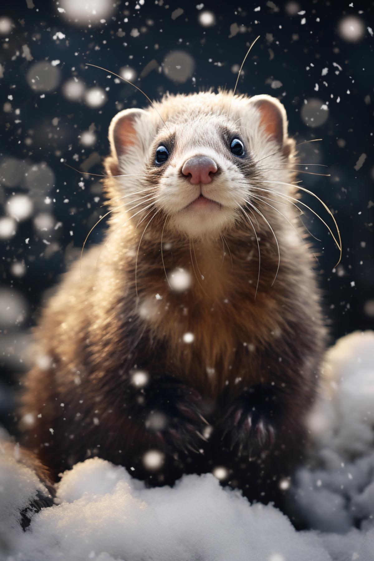 Ferret, winter, forest, snowfall, snow, cute , magic atmosphere , professional highly detailed painting, professional art, 8k, ultra realistic, photo taken by professional photographer