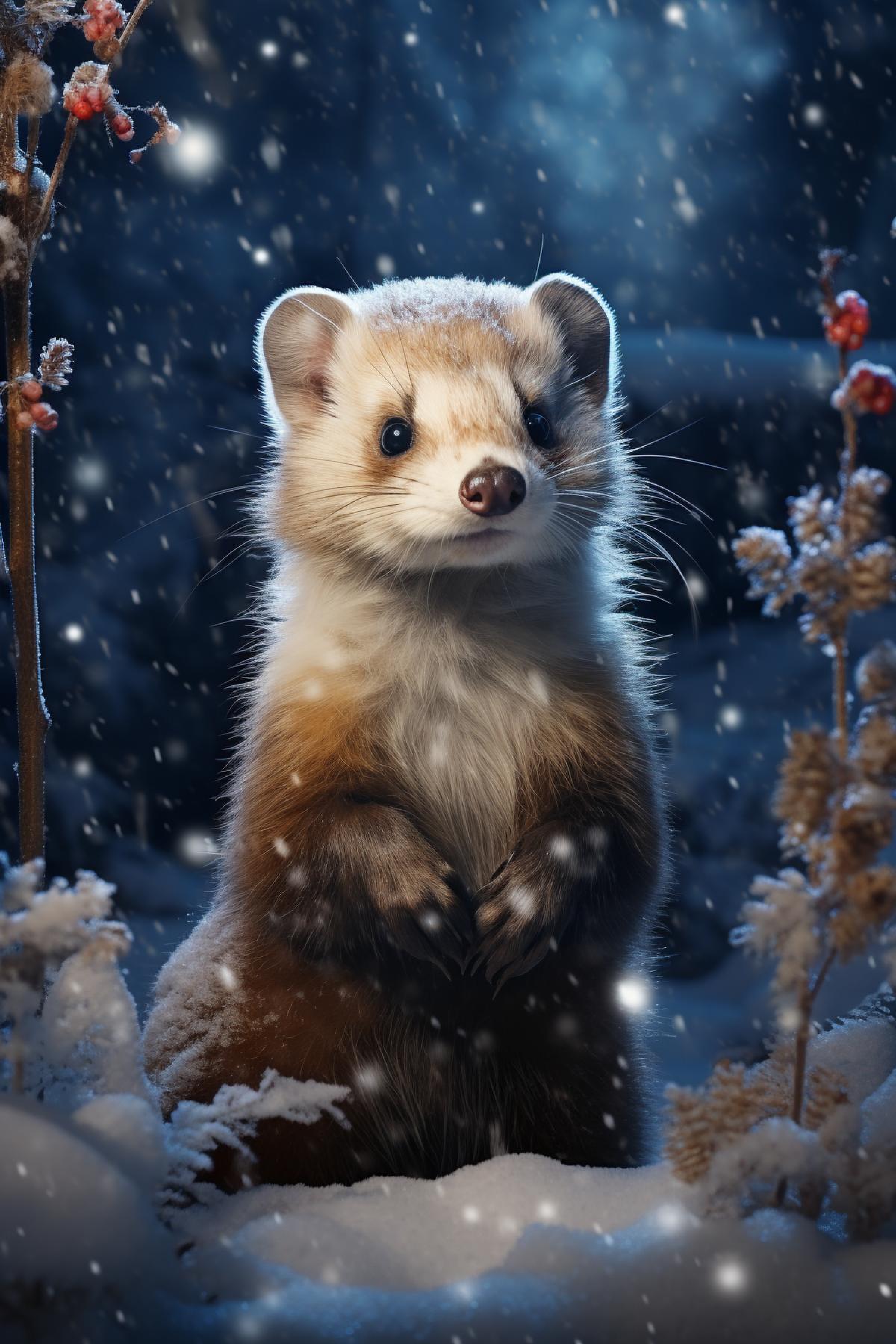 Ferret, winter, forest, snowfall, snow, cute , magic atmosphere , professional highly detailed painting, professional art, 8k, ultra realistic, photo taken by professional photographer