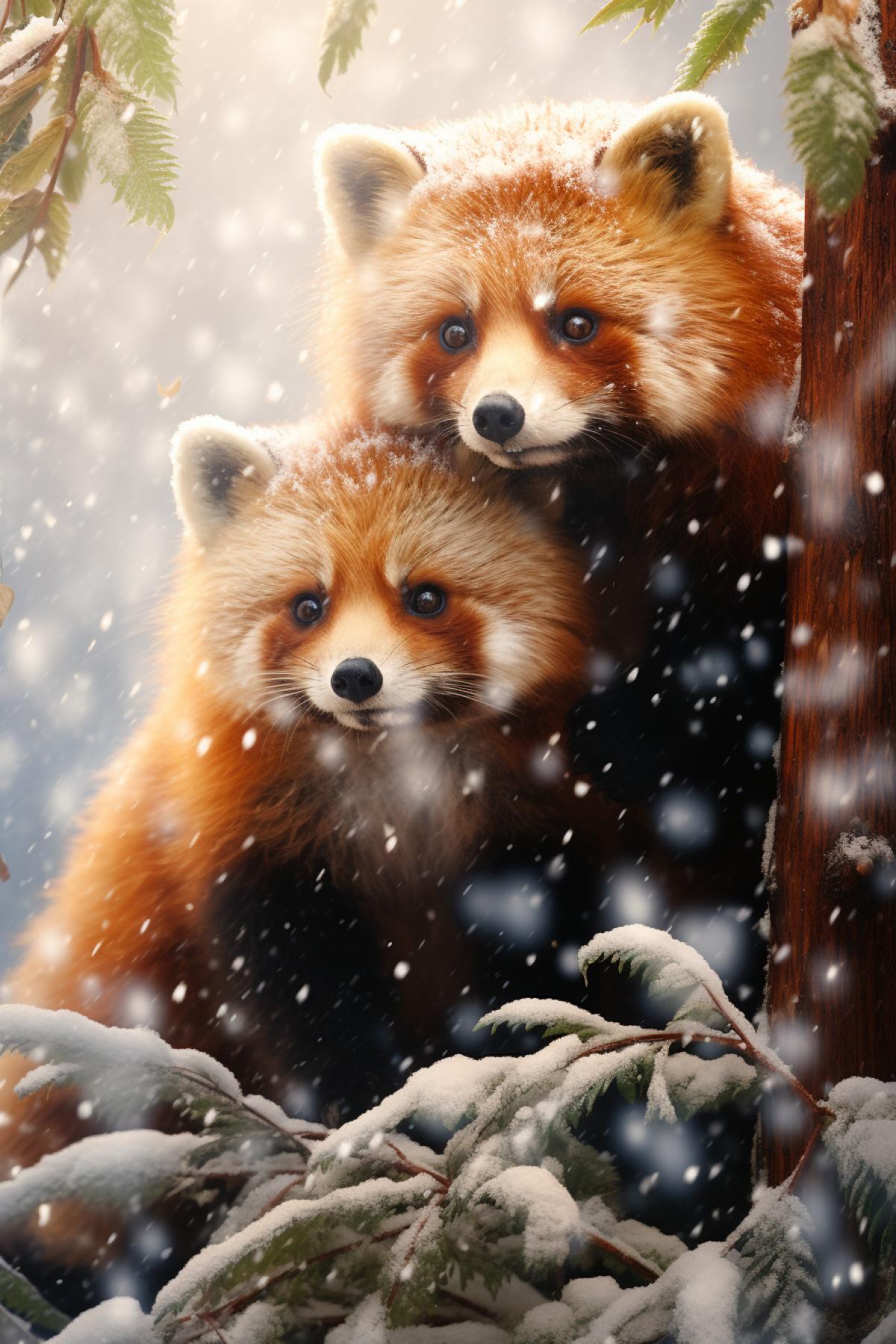 Bear-foxes, ginger panda, forest, winter, snowfall, snow, cute , magic atmosphere , professional highly detailed painting, professional art, 8k, ultra realistic, photo taken by professional photographer