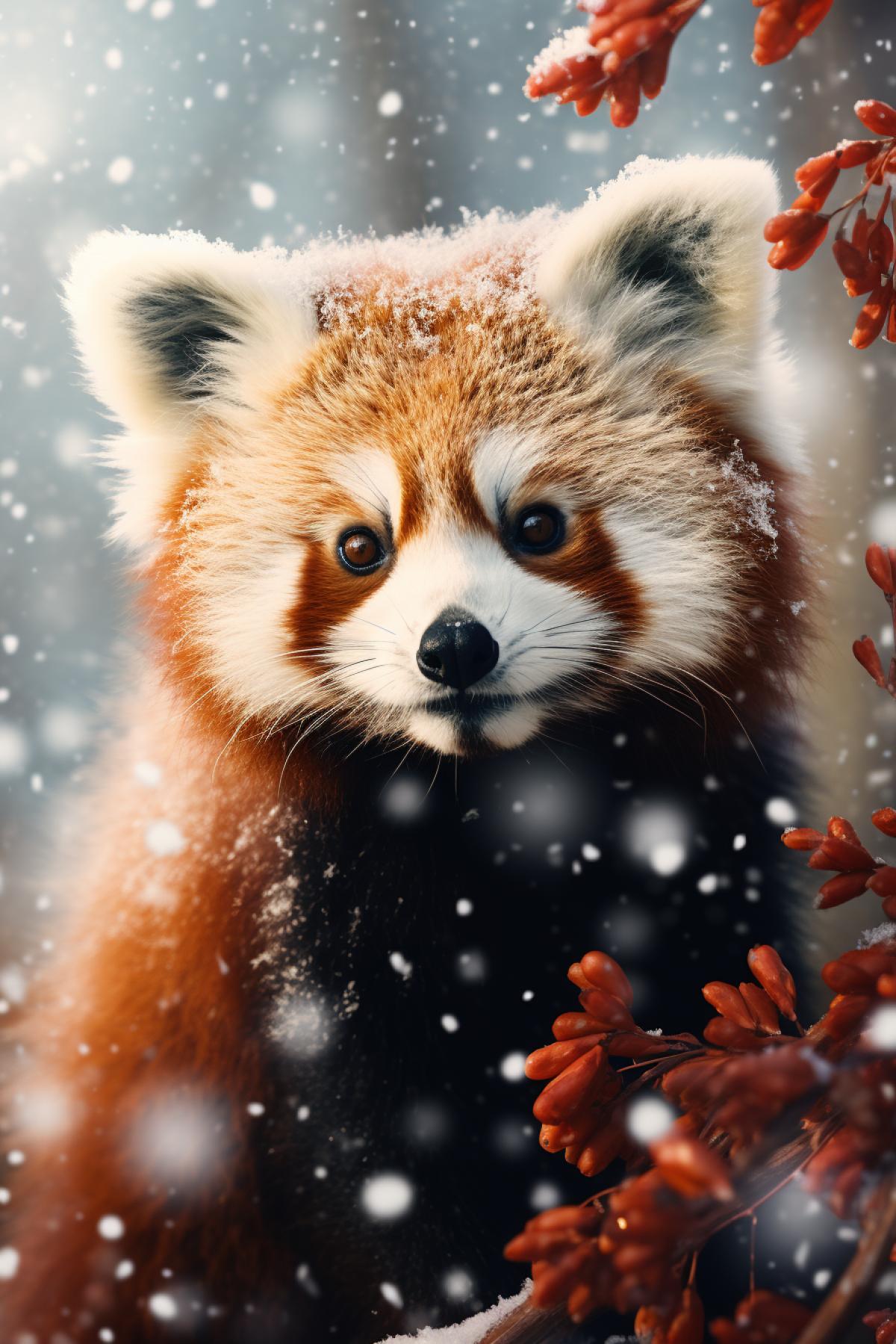 Bear-foxes, ginger panda, forest, winter, snowfall, snow, cute , magic atmosphere , professional highly detailed painting, professional art, 8k, ultra realistic, photo taken by professional photographer