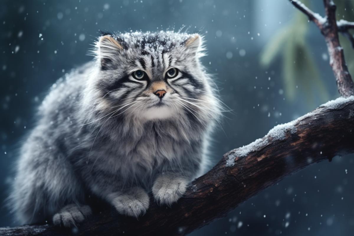 thick fluffy predatory Pallass cat manul, sits on a tree branch in the winter forest, snowfall, octane render, photorealistic, highly detailed
