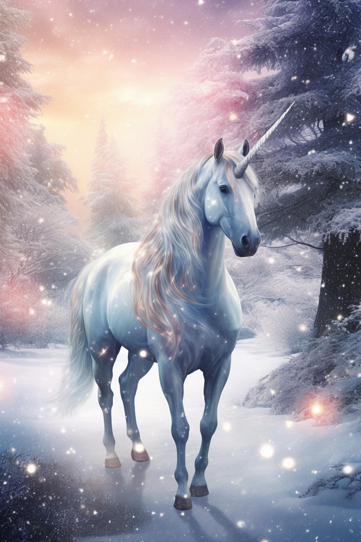 Unicorn , fantasy, magical Forest, glowing, shiny, winter, snowfall, snow , magic atmosphere , professional highly detailed painting, professional art, 8k, ultra realistic, photo taken by professional photographer