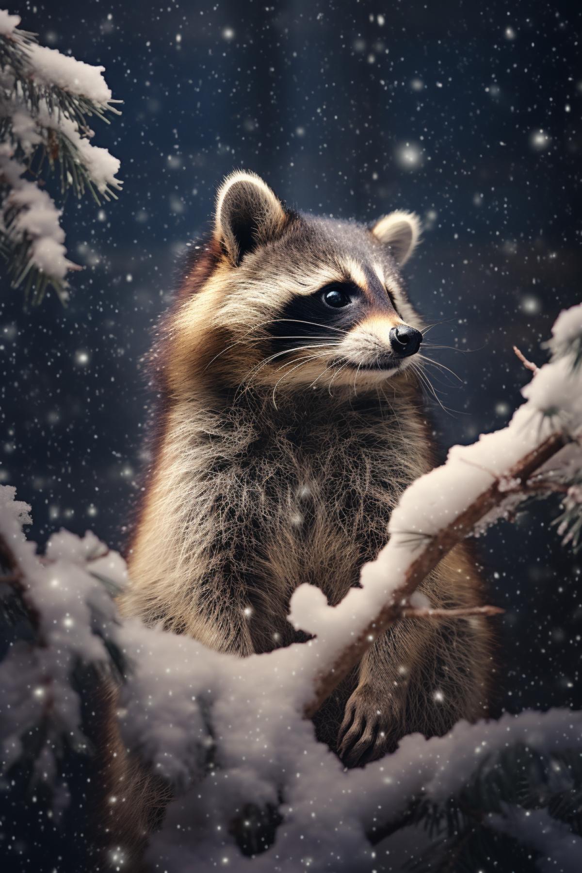 Raccoon, winter, forest, snowfall, snow, cute , magic atmosphere , professional highly detailed painting, professional art, 8k, ultra realistic, photo taken by professional photographer