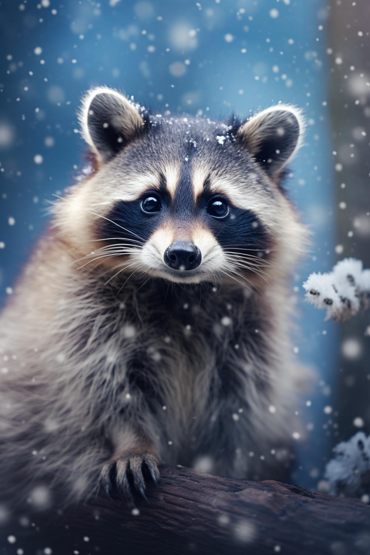 Raccoon, winter, forest, snowfall, snow, cute , magic atmosphere , professional highly detailed painting, professional art, 8k, ultra realistic, photo taken by professional photographer