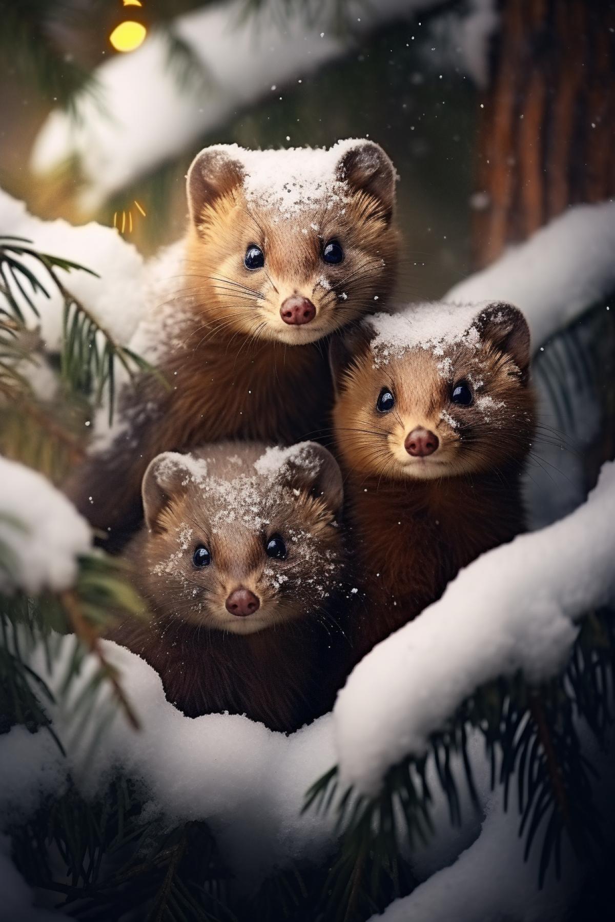 family of martens in the winter forest, snowfall, cozy atmosphere, cute, photorealistic, highly detailed