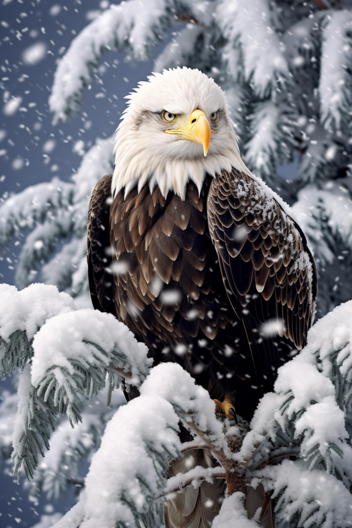 bald eagle in a pine tree with snow covered branches, in the style of dynamic 4k, associated press photo, dazecore, dignified 4ks, varied brushwork techniques, furaffinity, high-angle