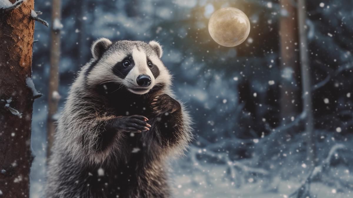 Badger kenai cutie kind in a magical winter forest near the tree plays with snowballs magic prank illusion magic magic joy happiness