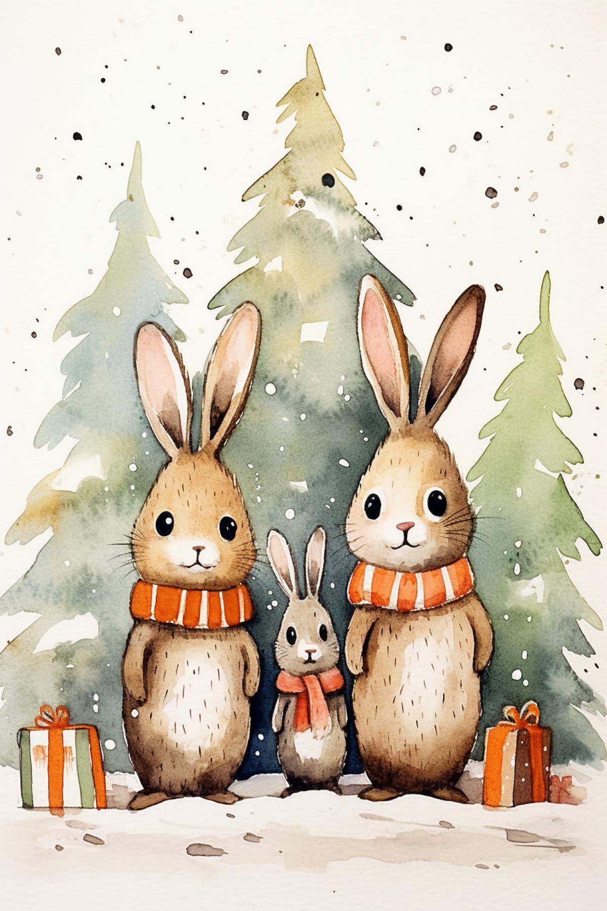 anthropomorphic hare family in warm scarves in the winter forest decorates a Christmas tree, postcard, minimalist, oil, ink and water colors dripping