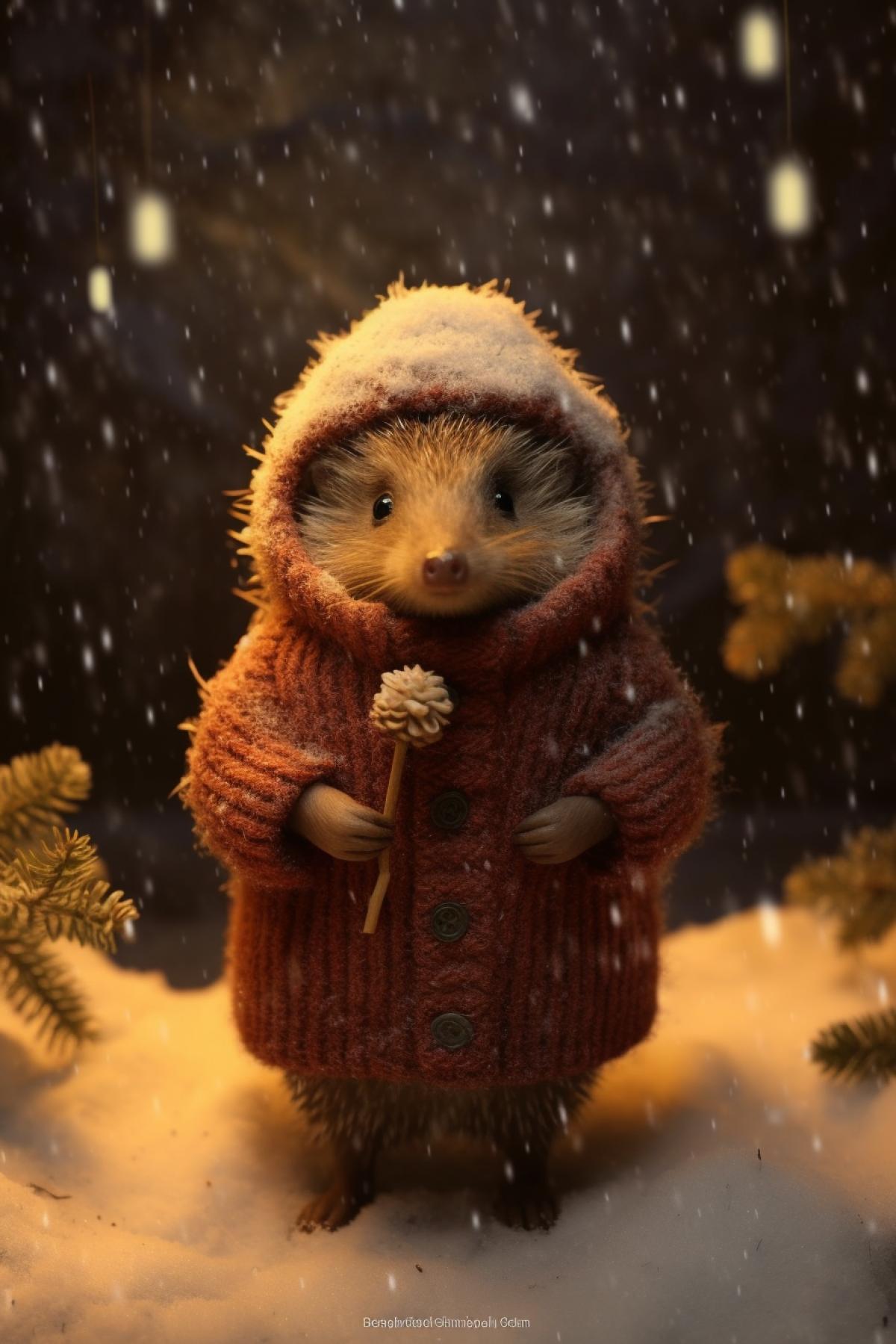 Little hedgehog enjoys the winter forest