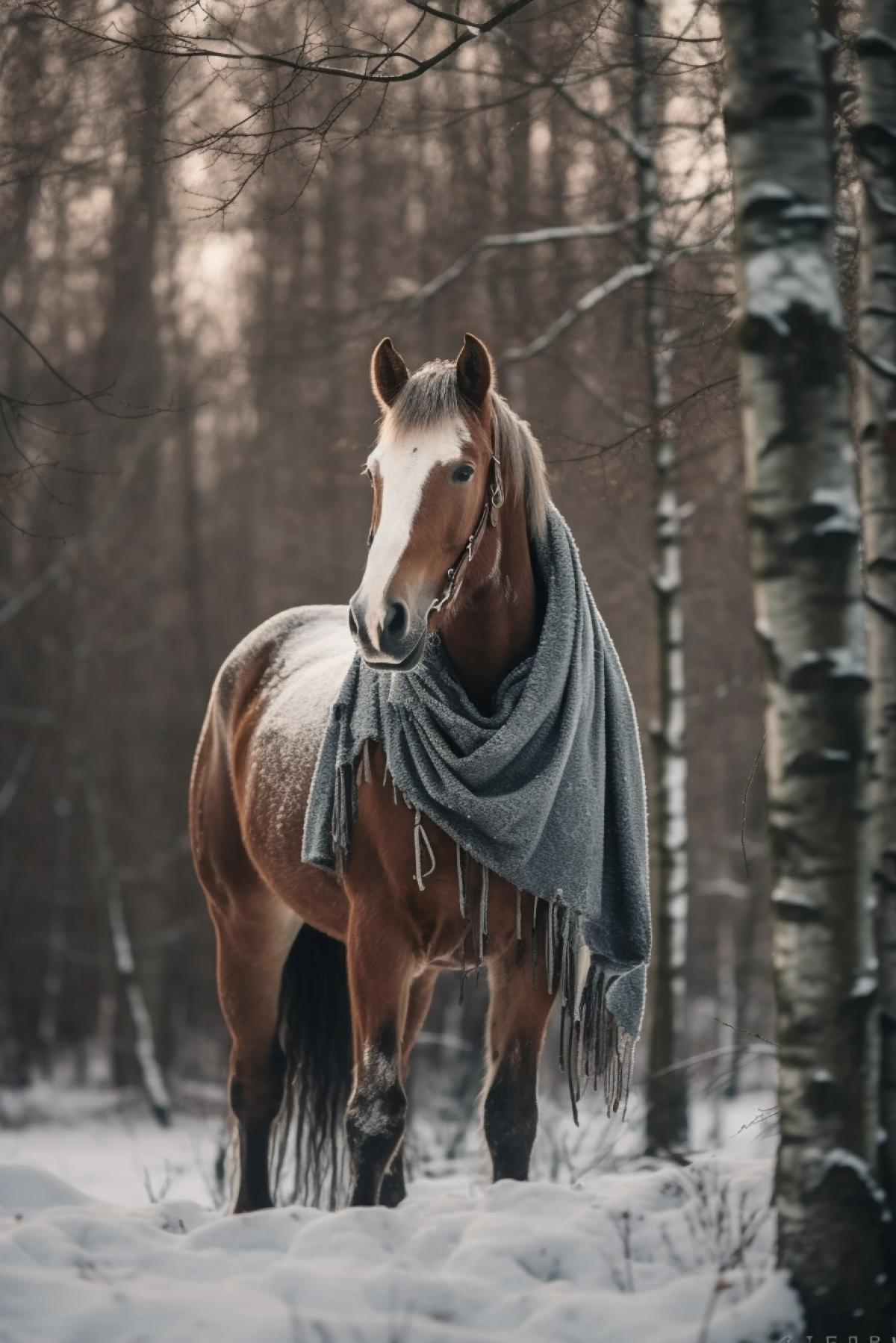 Horse in a leather coat. Winter forest. Photography in contrasting colors.