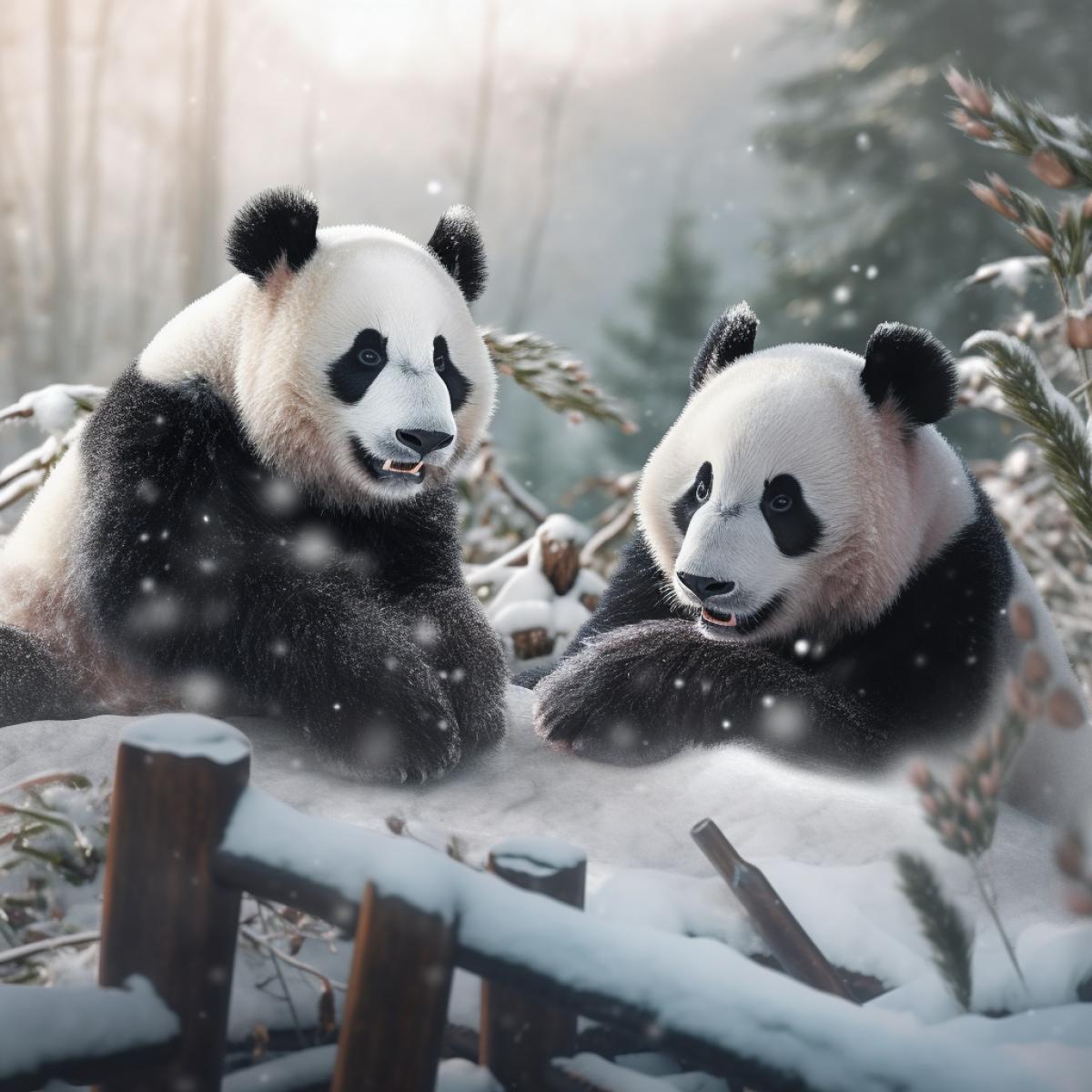 pandas play in winter, sparkling snow, happy atmosphere, cinematic, hyper detailed, hyper realistic, professional photo