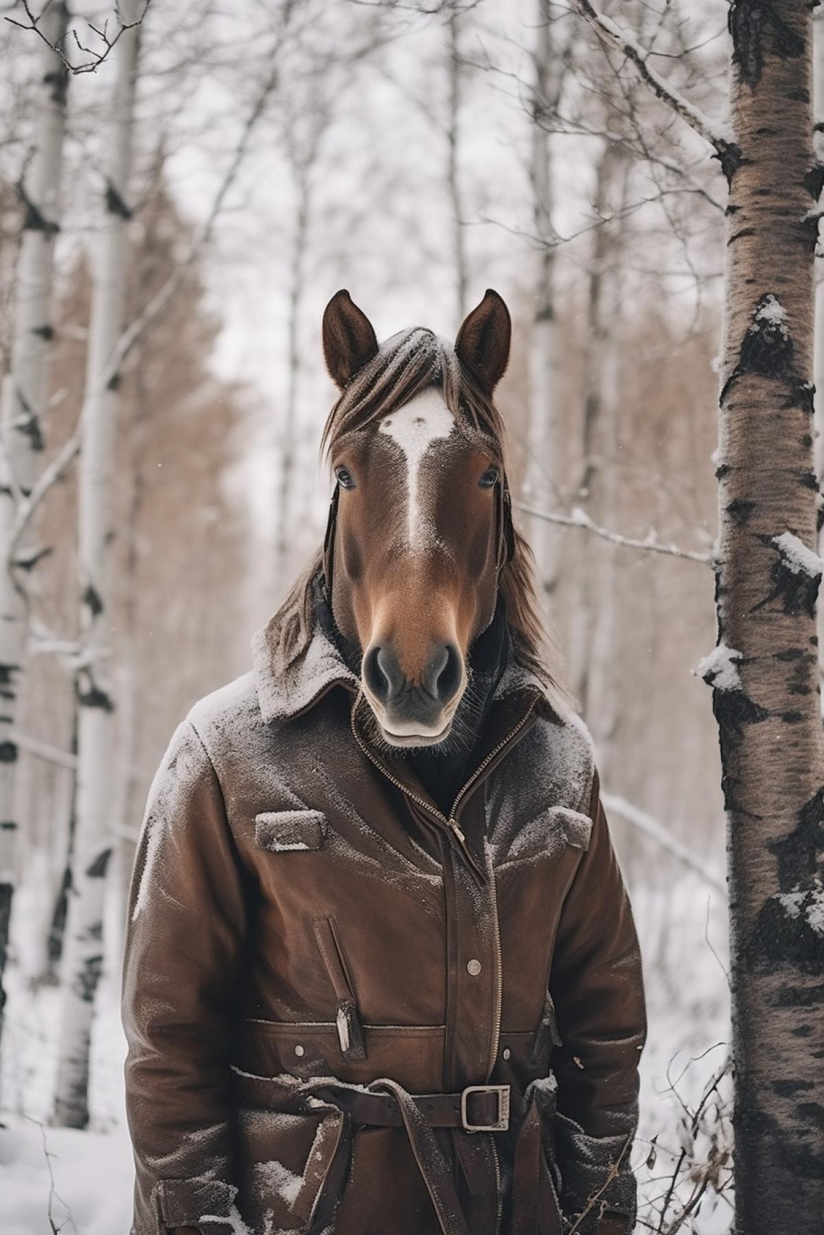Horse in a leather coat. Winter forest. Photography in contrasting colors.
