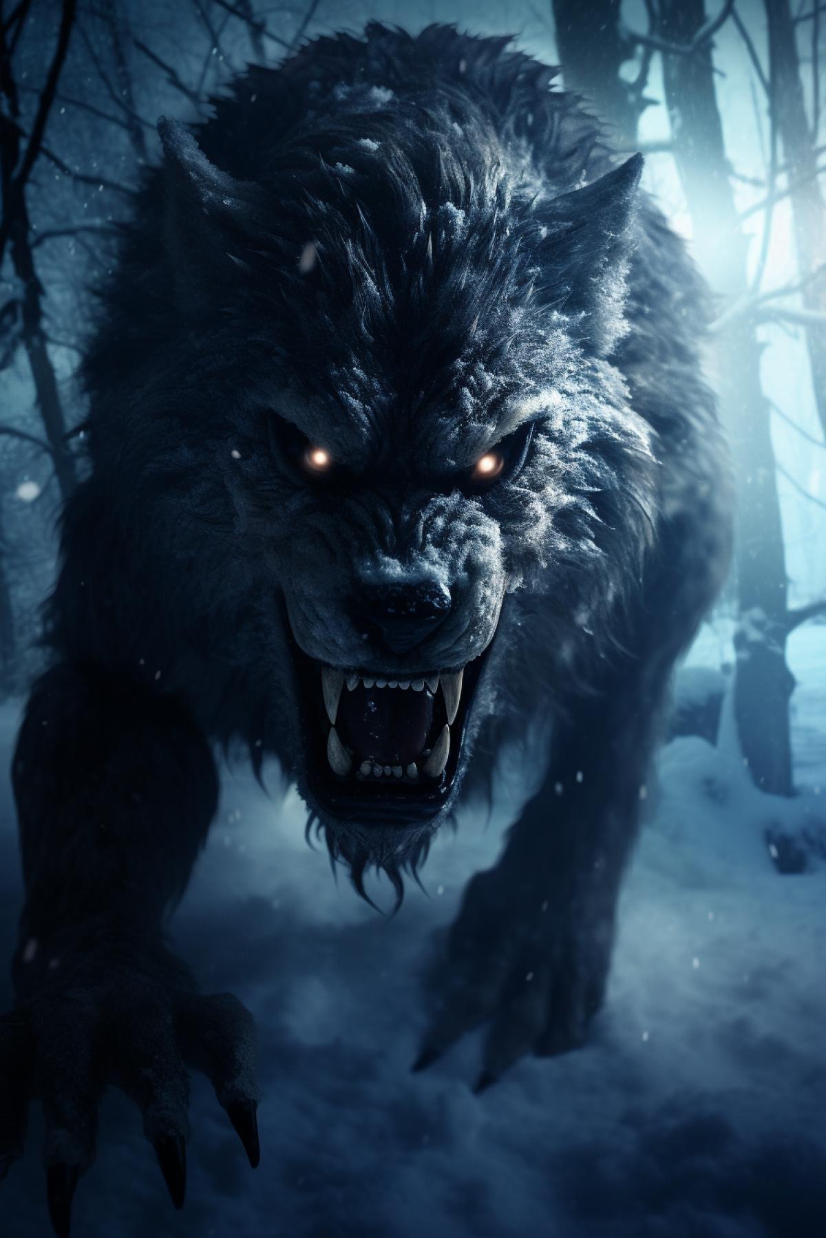 Werewolf in the forest, winter, snow, night, dynamic, cinematic, horror, dramatic, atmospheric, photorealistic