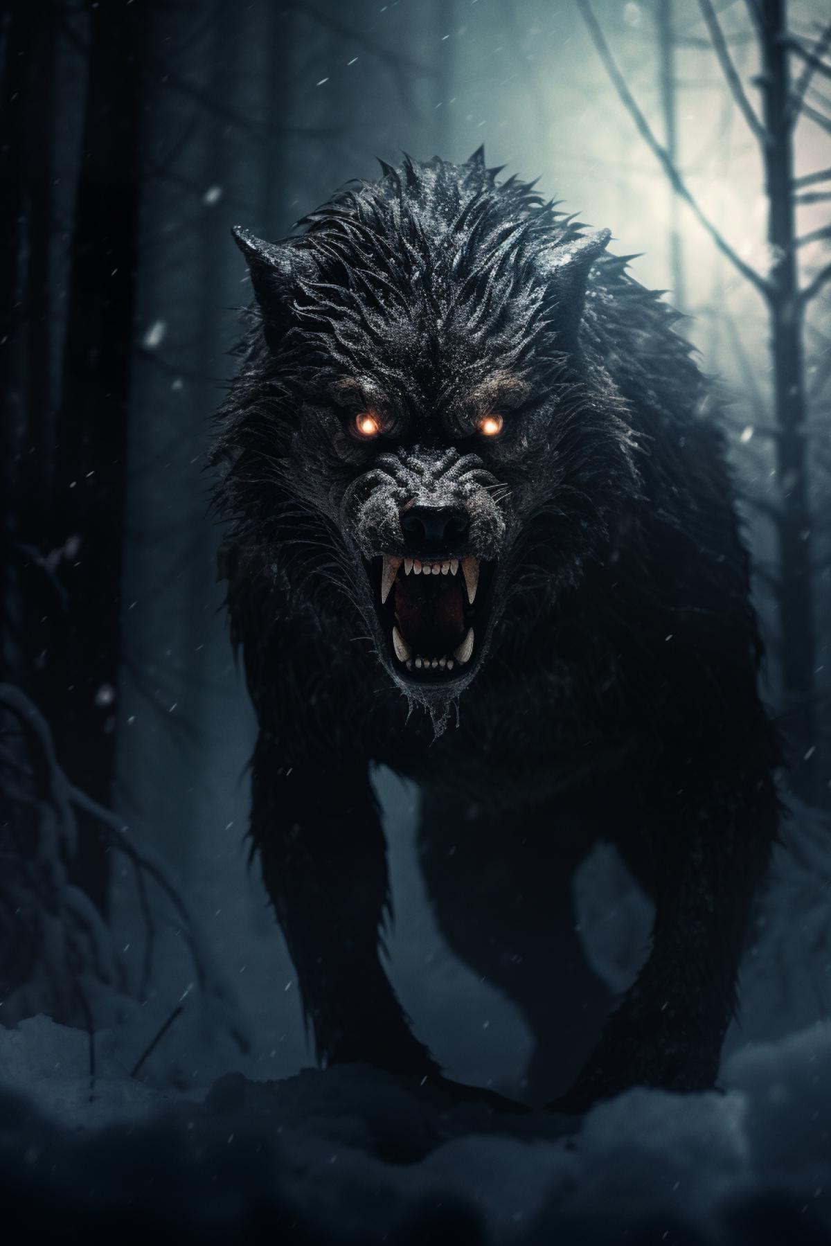 Werewolf in the forest, winter, snow, night, dynamic, cinematic, horror, dramatic, atmospheric, photorealistic