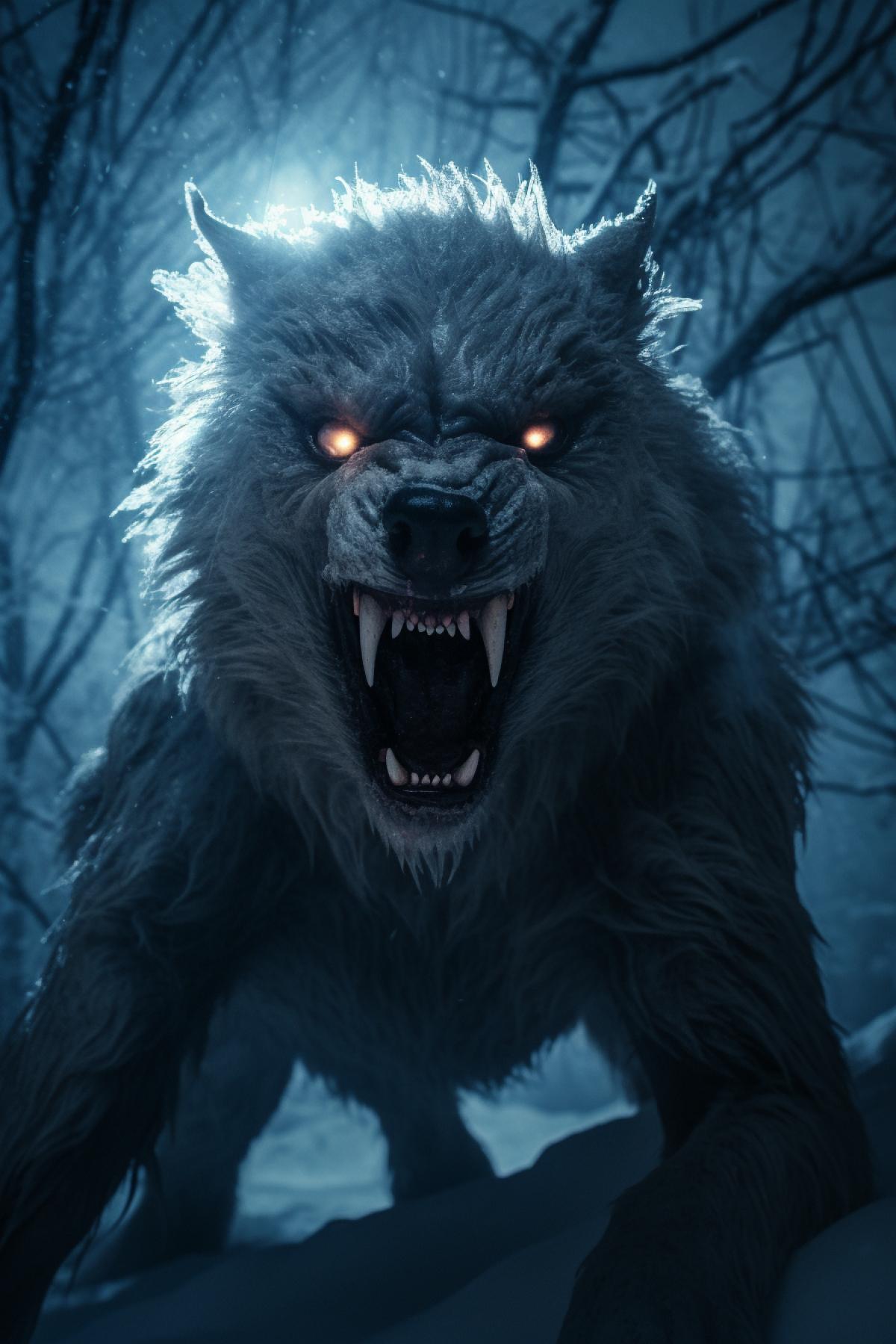 Werewolf in the forest, winter, snow, night, dynamic, cinematic, horror, dramatic, atmospheric, photorealistic