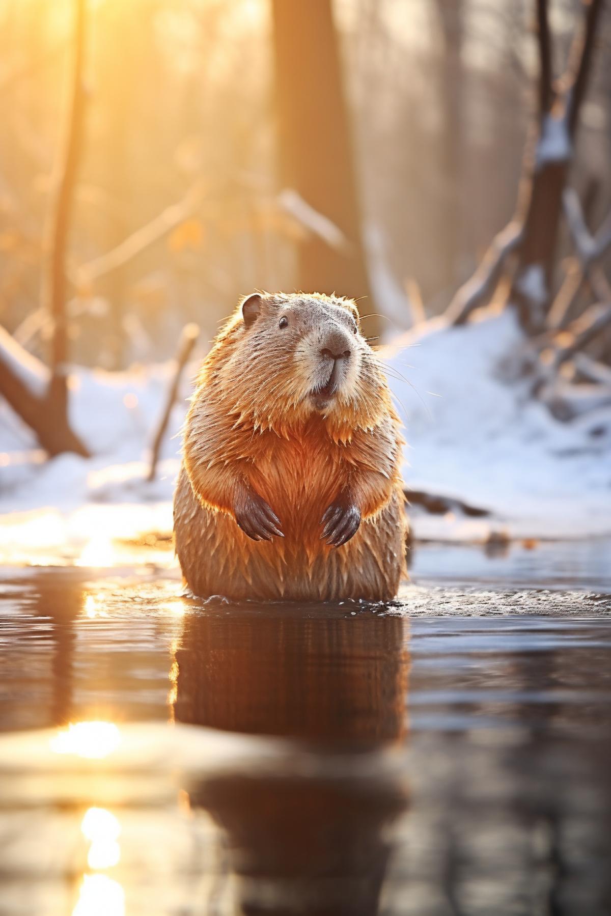 Beaver on the frozen river in the forest, winter, shining snow, cute, atmospheric, beautiful light, sunshine, photorealistic
