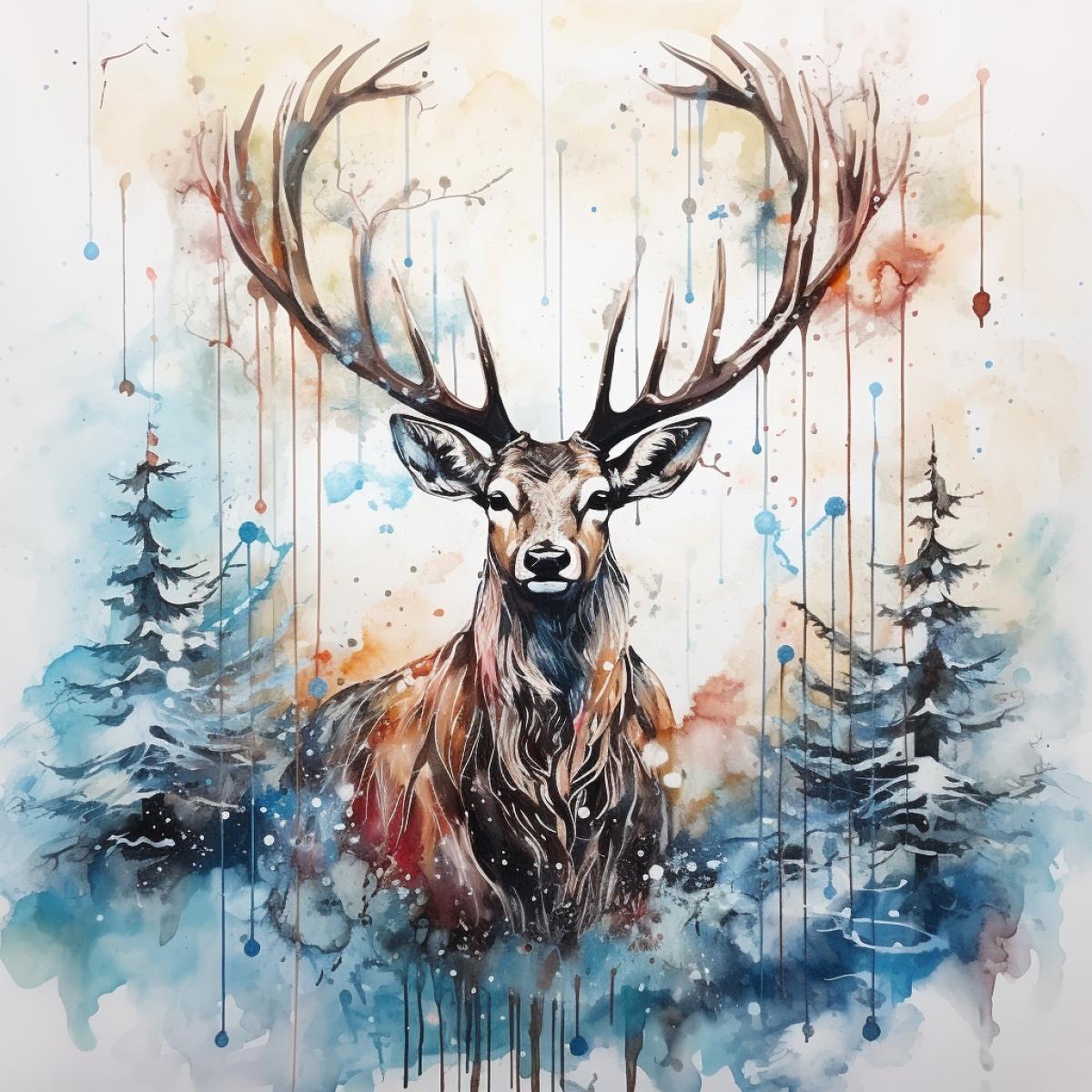 Reindeer with birds sitting on its antlers, snowfall, oil, ink and water colors dripping