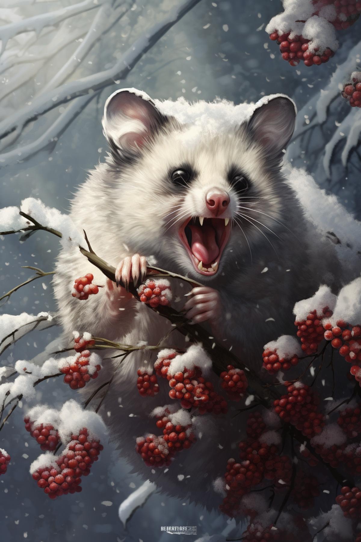 The possum screaming in the winter forest and sitting on the Ashberry, funny, cute, snowy, photorealistic