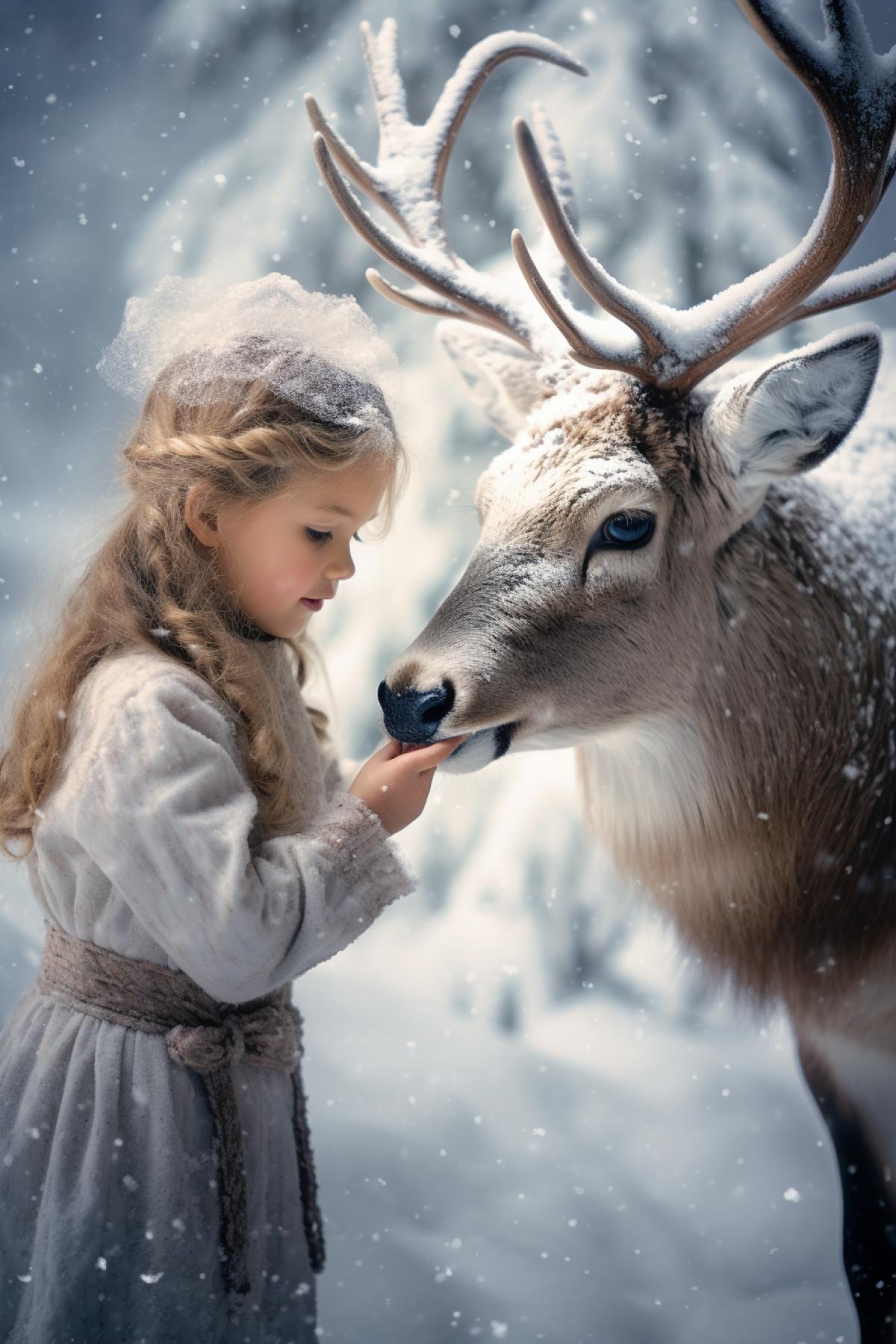 a little girl petting an reindeer in the snow, in the style of photo-realistic landscapes, karol bak, wildlife photography, franciszek starowieyski, felt creations, forestpunk, jeffrey t. larson